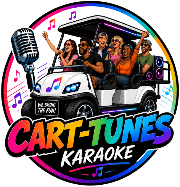 Vibrant logo of Cart-Tunes Karaoke with happy people on a golf cart.